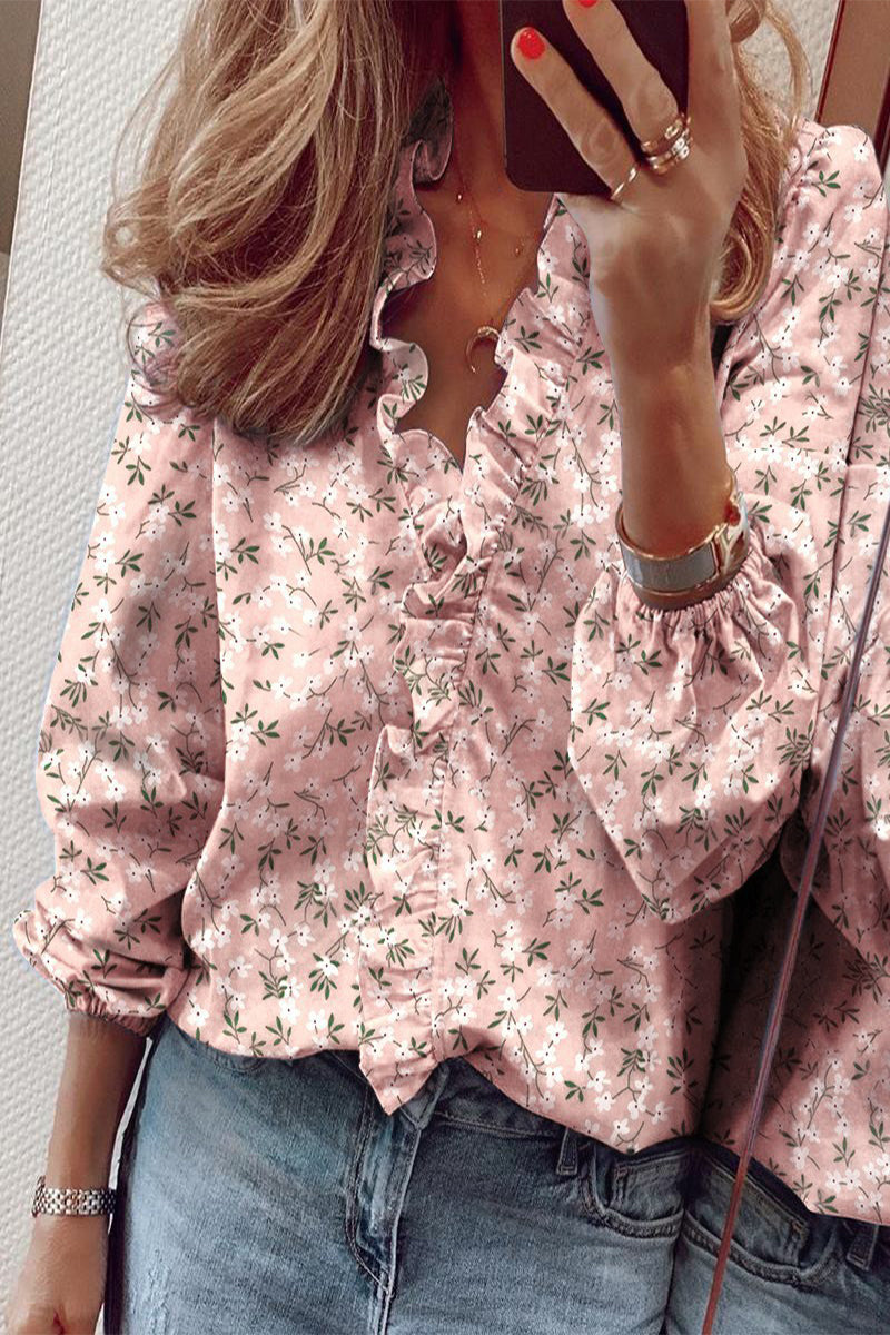Blouse à Col V avec Manches Longues et Détails Volants