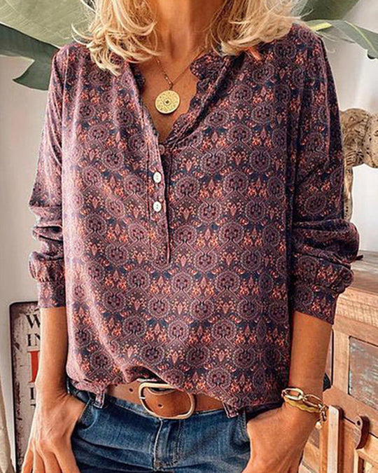 Blouse Vintage à Imprimé et Manches Longues