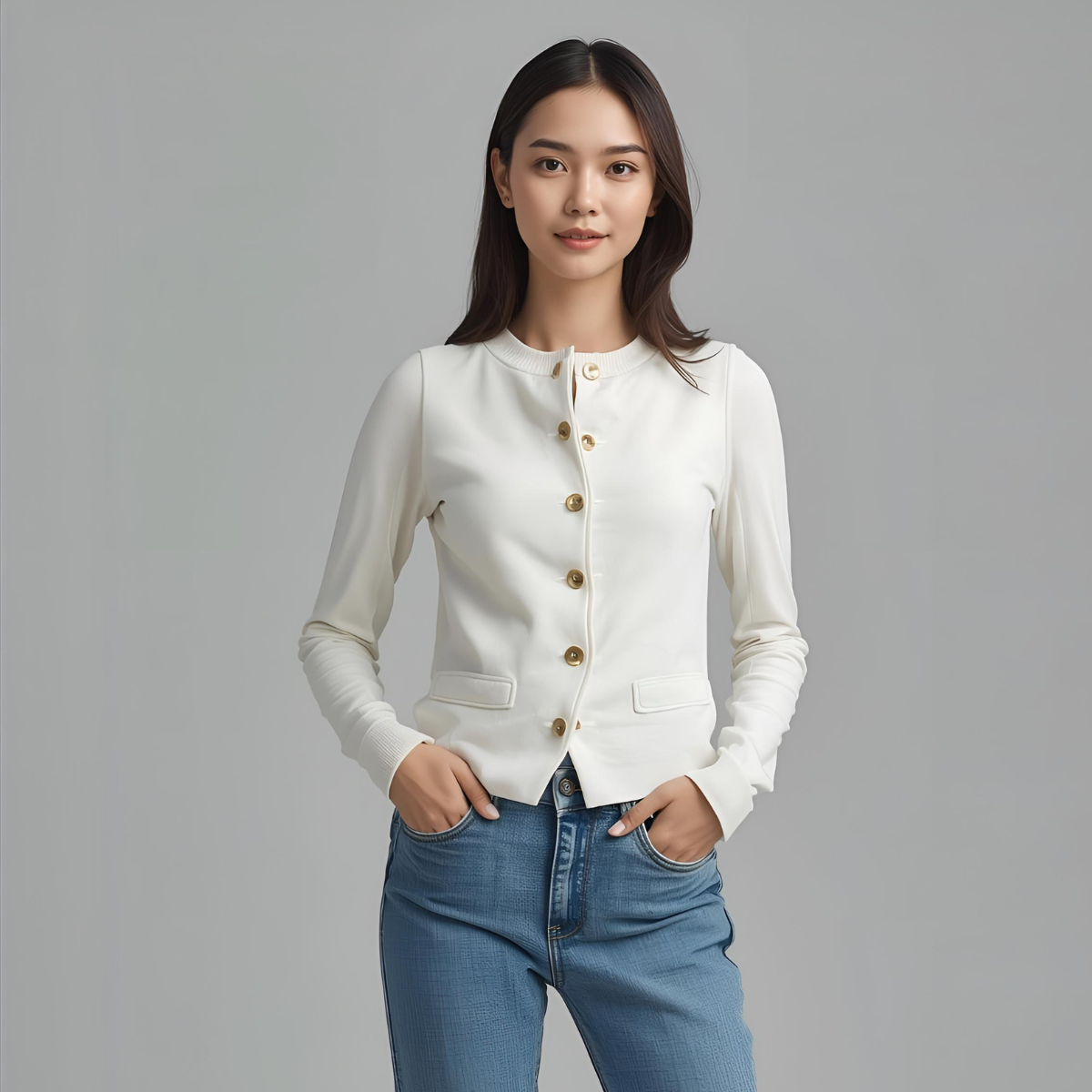 BIANCAEL | Gilet Décontracté Blanc Élégant avec Accents Dorés