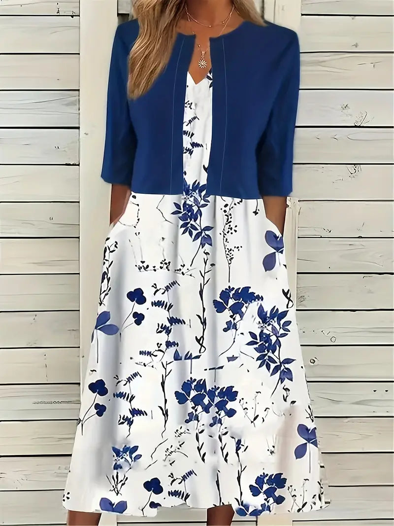 Chic Floral Two-Piece Set with Solid Crop Top and Round Neck