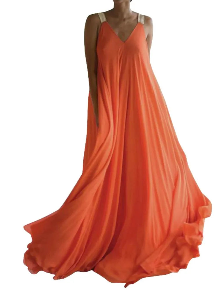 Chloë - Robe Maxi Boho d'Été pour Femme, Sans Manches, Décolleté en V, Unie et Ample