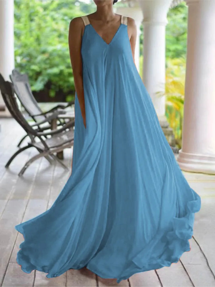 Chloë - Robe Maxi Boho d'Été pour Femme, Sans Manches, Décolleté en V, Unie et Ample