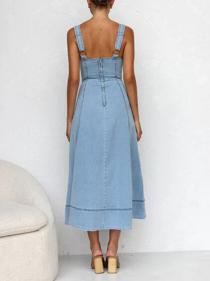 Casual Button-Down Denim Midi Dress with Straps