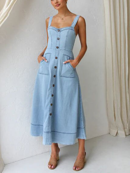 Casual Button-Down Denim Midi Dress with Straps