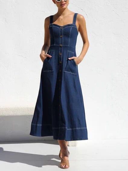Casual Button-Down Denim Midi Dress with Straps