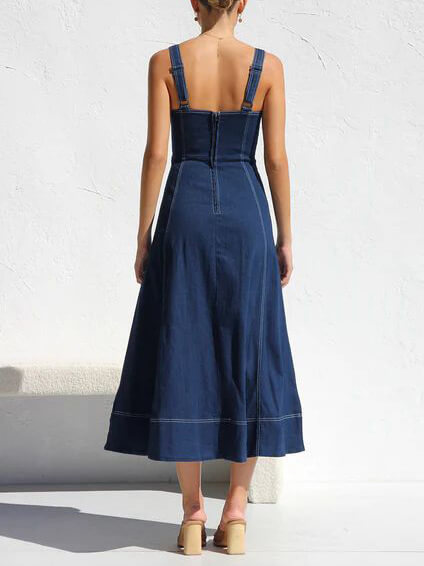 Casual Button-Down Denim Midi Dress with Straps