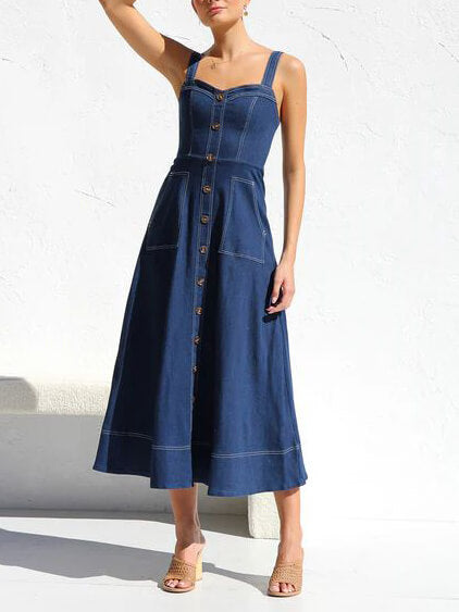 Casual Button-Down Denim Midi Dress with Straps