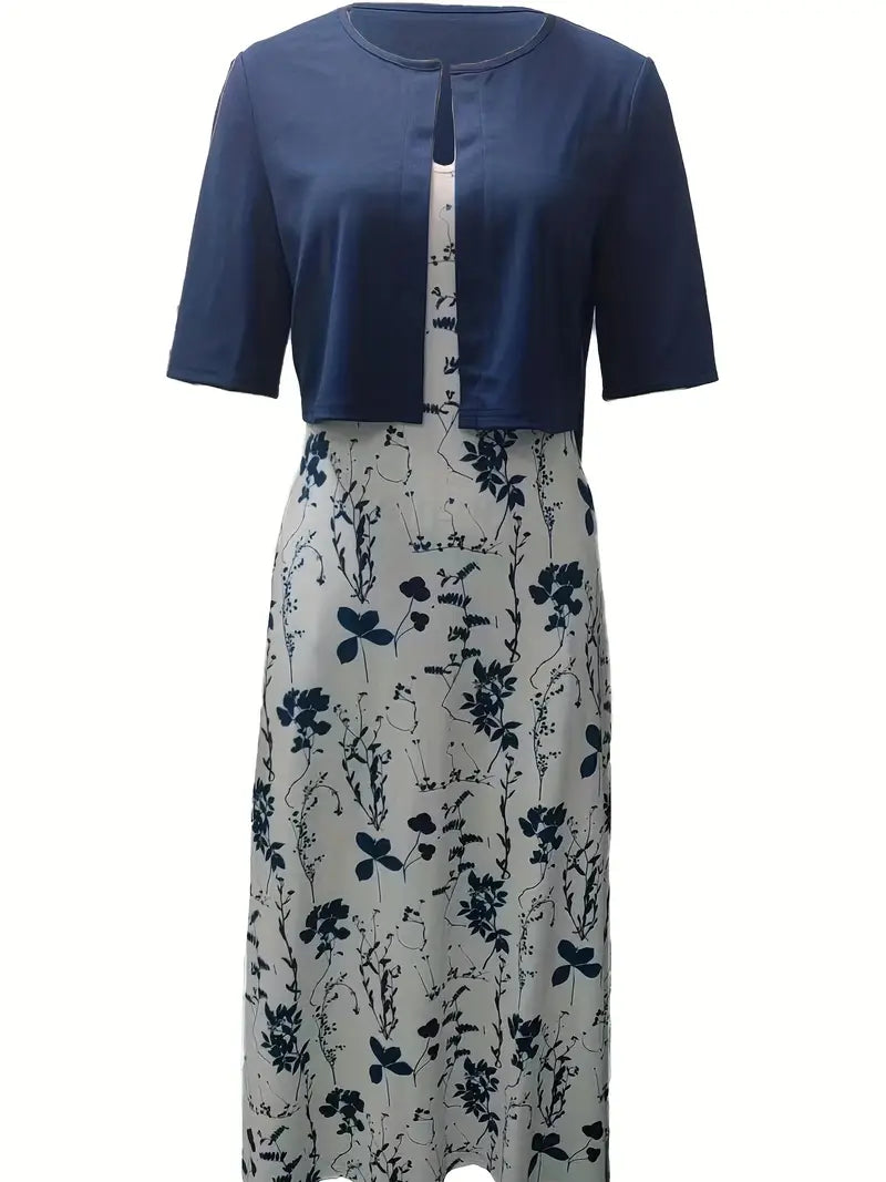 Chic Floral Two-Piece Set with Solid Crop Top and Round Neck